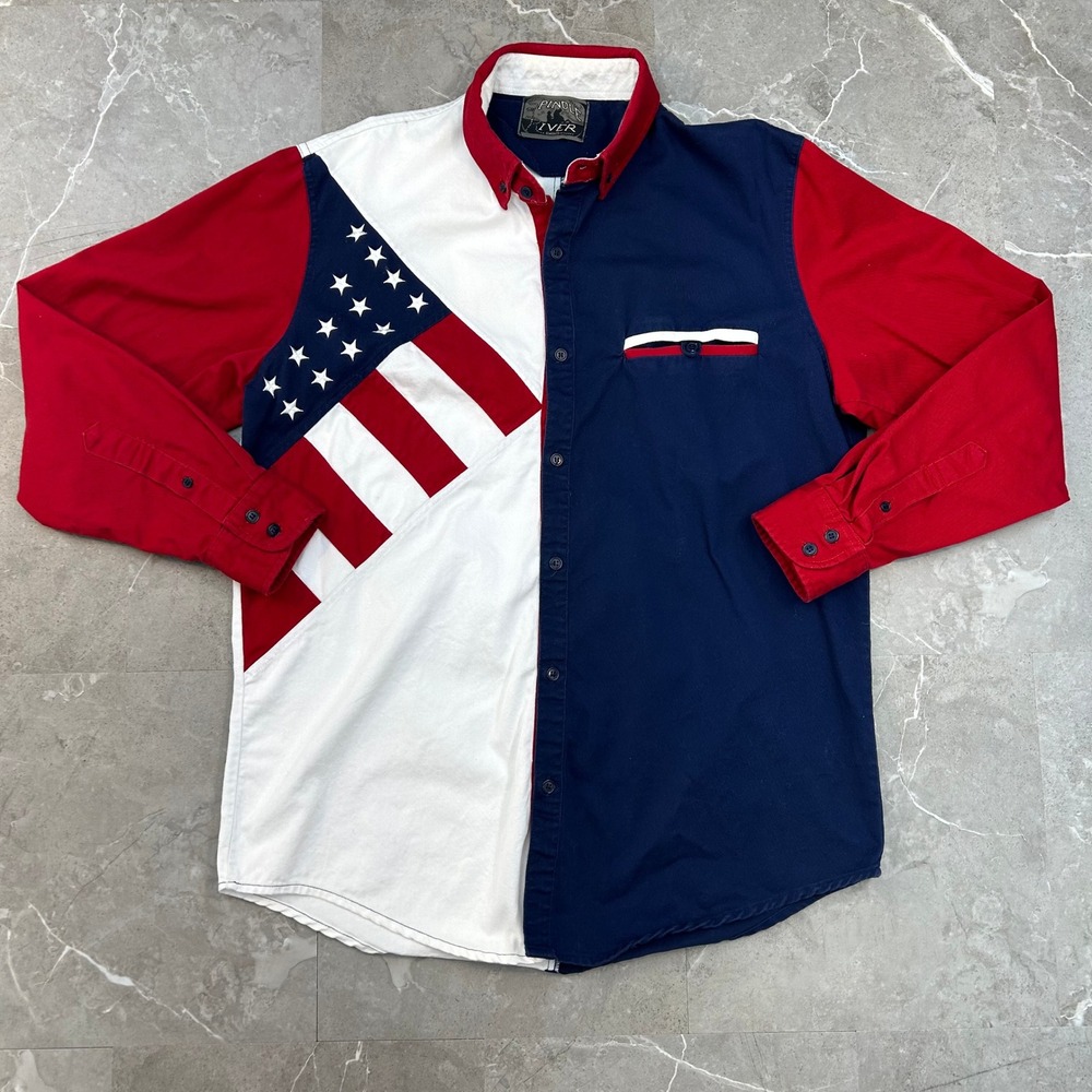 Vintage Spindle River American Flag Rodeo Shirt Mens Large Western Button Up